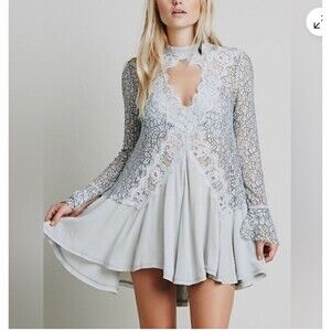 Free People Mini Dress Tell Tale L Cutout All Lace Mock Neck Asymmetrical Rococo